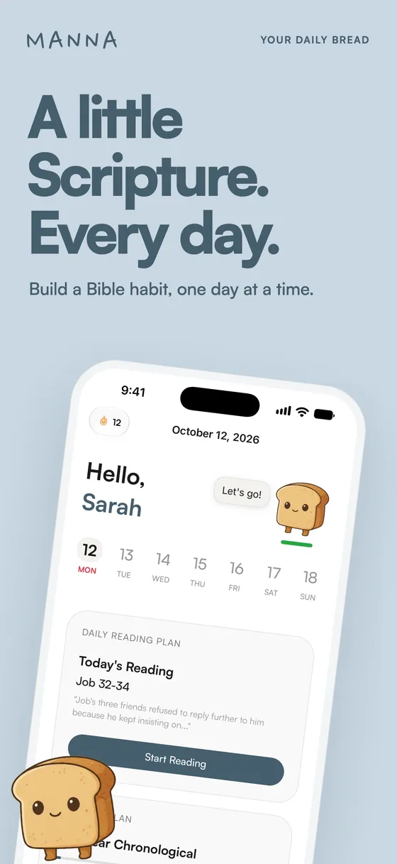 Manna home screen with today's daily Bible reading from a one year chronological Bible reading plan — a little Scripture every day