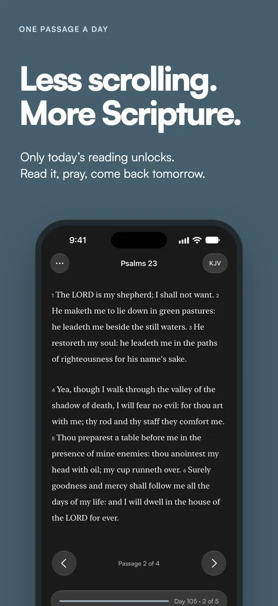 Distraction-free Bible reader in dark mode showing Psalm 23 — only today's reading unlocks