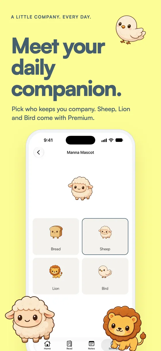 Choose your daily companion: bread, sheep, lion or bird mascot