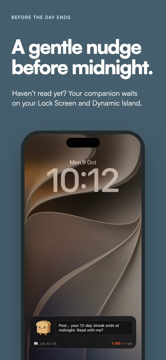 Evening Bible reading reminder on the iPhone Lock Screen and Dynamic Island before midnight