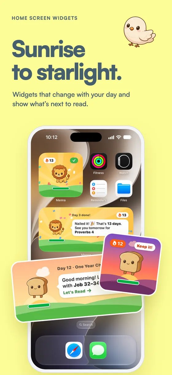 iPhone home screen Bible widgets that change from sunrise to starlight and show what's next to read