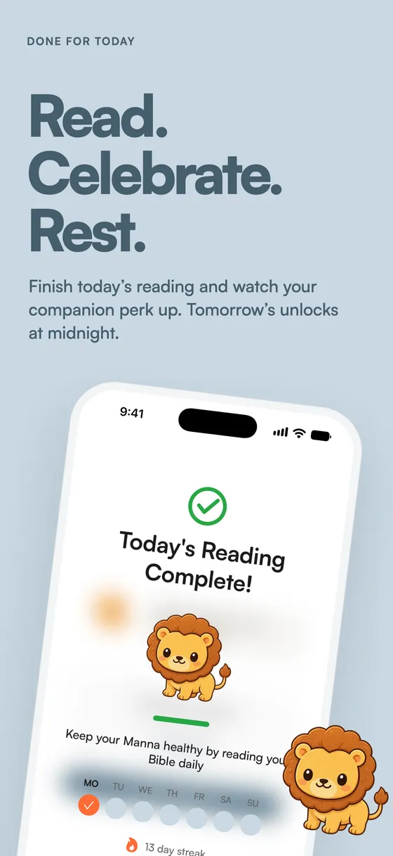 Today's Reading Complete celebration with the lion companion and a 13 day reading streak