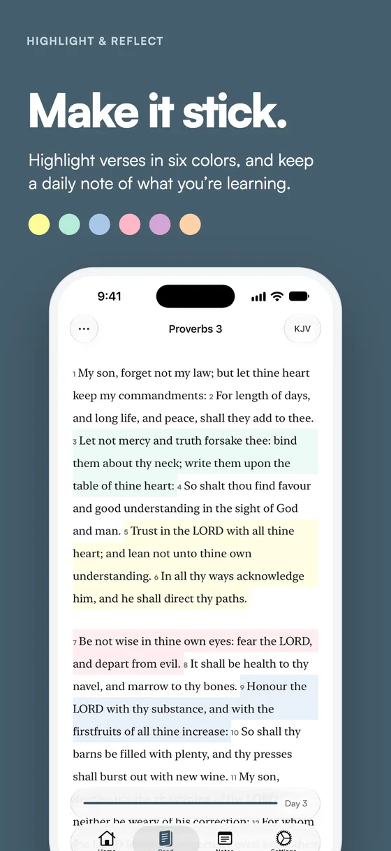 Highlight Bible verses in six colors and keep a daily note of what you're learning