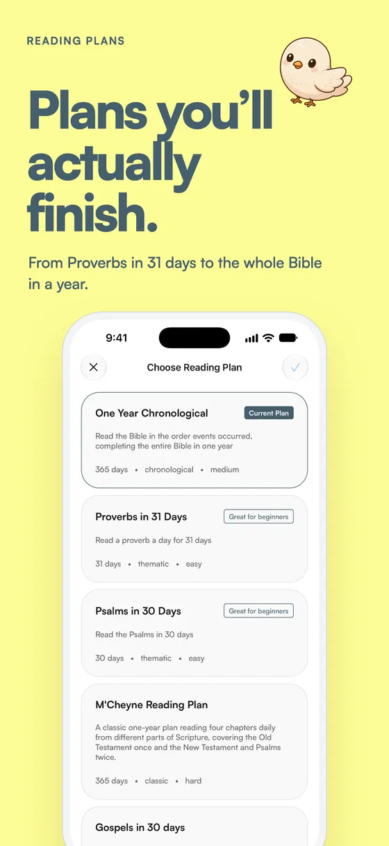 Bible reading plans including One Year Chronological, Proverbs in 31 Days, Psalms in 30 Days and M'Cheyne
