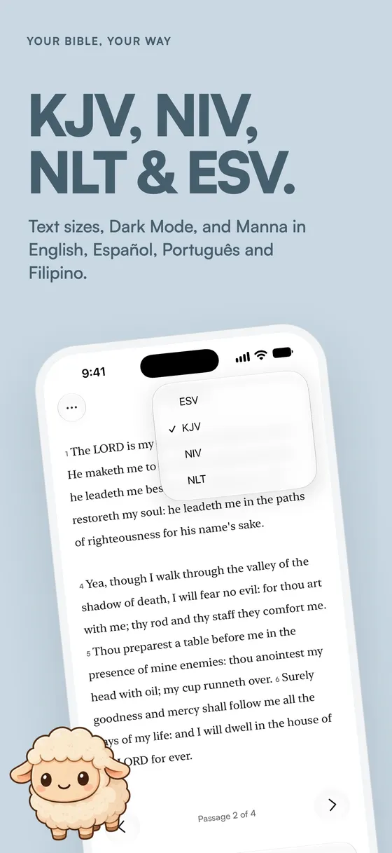 Read the Bible in KJV, NIV, NLT and ESV with text sizes, dark mode, and the app in English, Spanish, Portuguese and Filipino