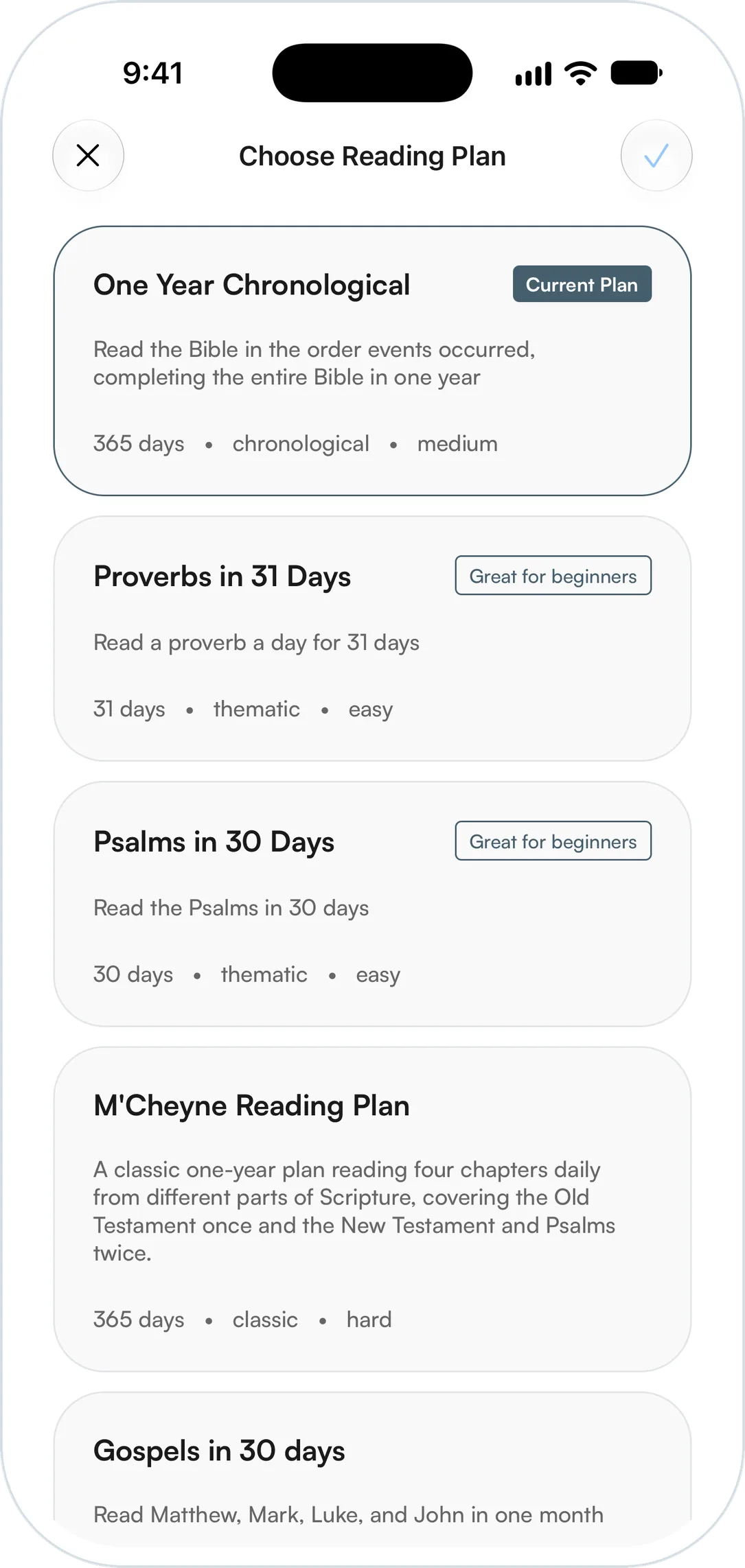 Choose a Bible reading plan: One Year Chronological, Proverbs in 31 Days, Psalms in 30 Days and M'Cheyne