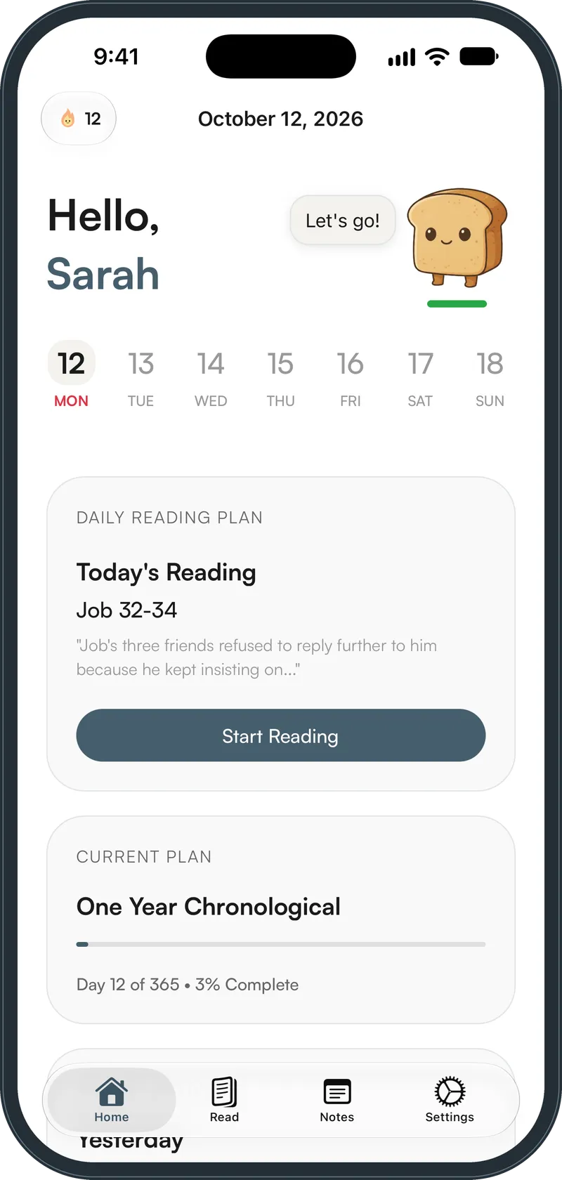 Manna app home screen showing today's daily Bible reading, Job 32-34, from a one year chronological Bible reading plan