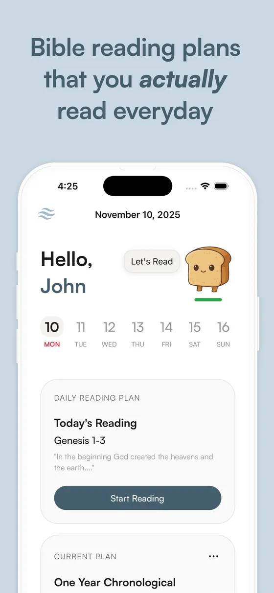 Manna home screen with today's daily Bible reading from a one year chronological Bible reading plan