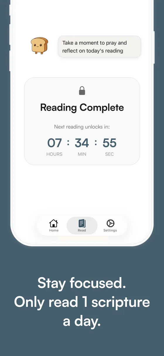 Reading complete screen with a countdown until tomorrow's passage unlocks — one scripture a day keeps reading focused