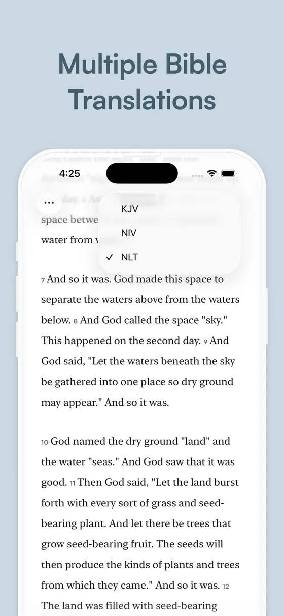 Distraction-free Bible reader with KJV, NIV, and NLT translation picker
