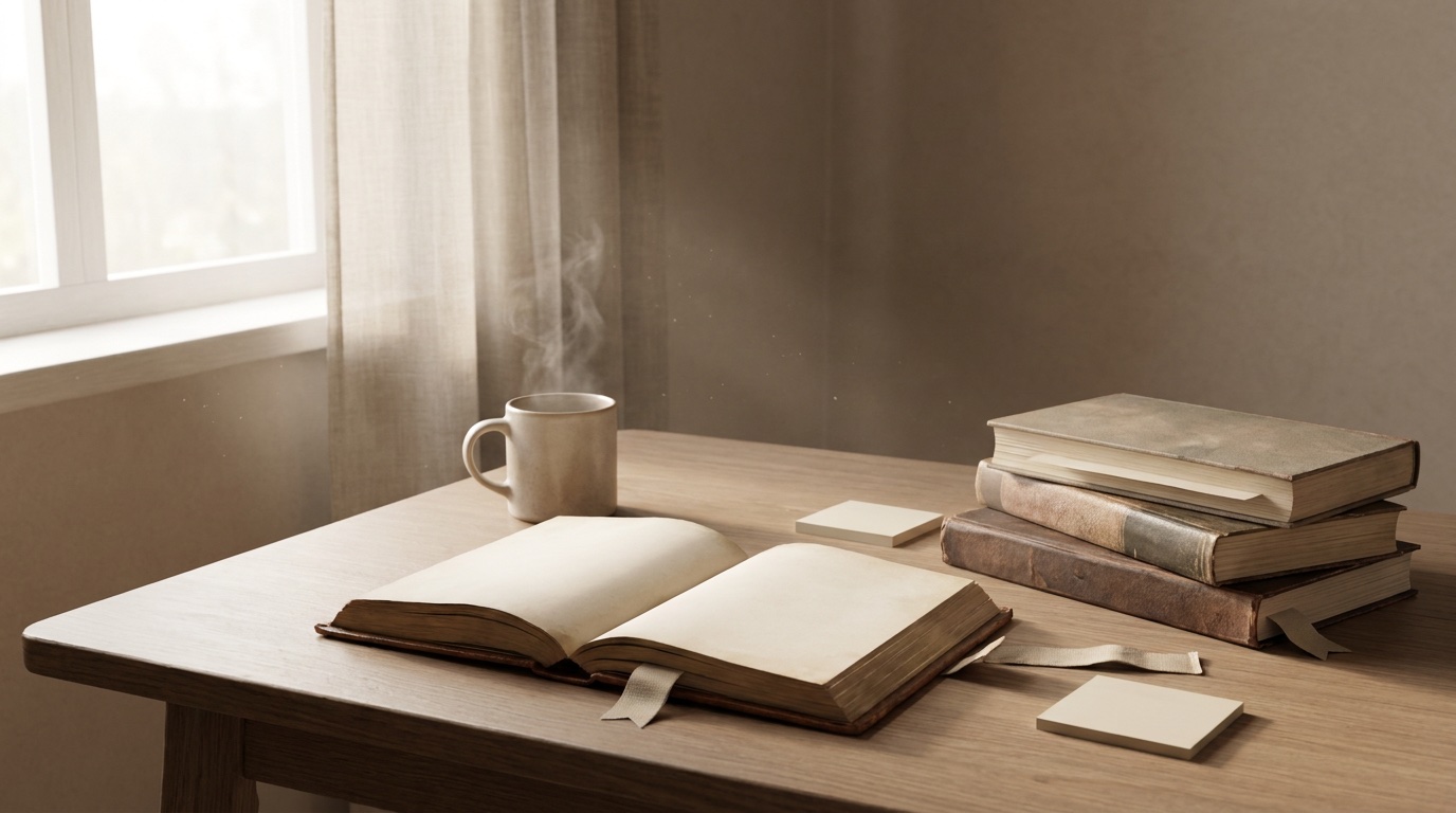 An open Bible on a wooden desk beside a small stack of books, sticky notes, and a warm cup by a window