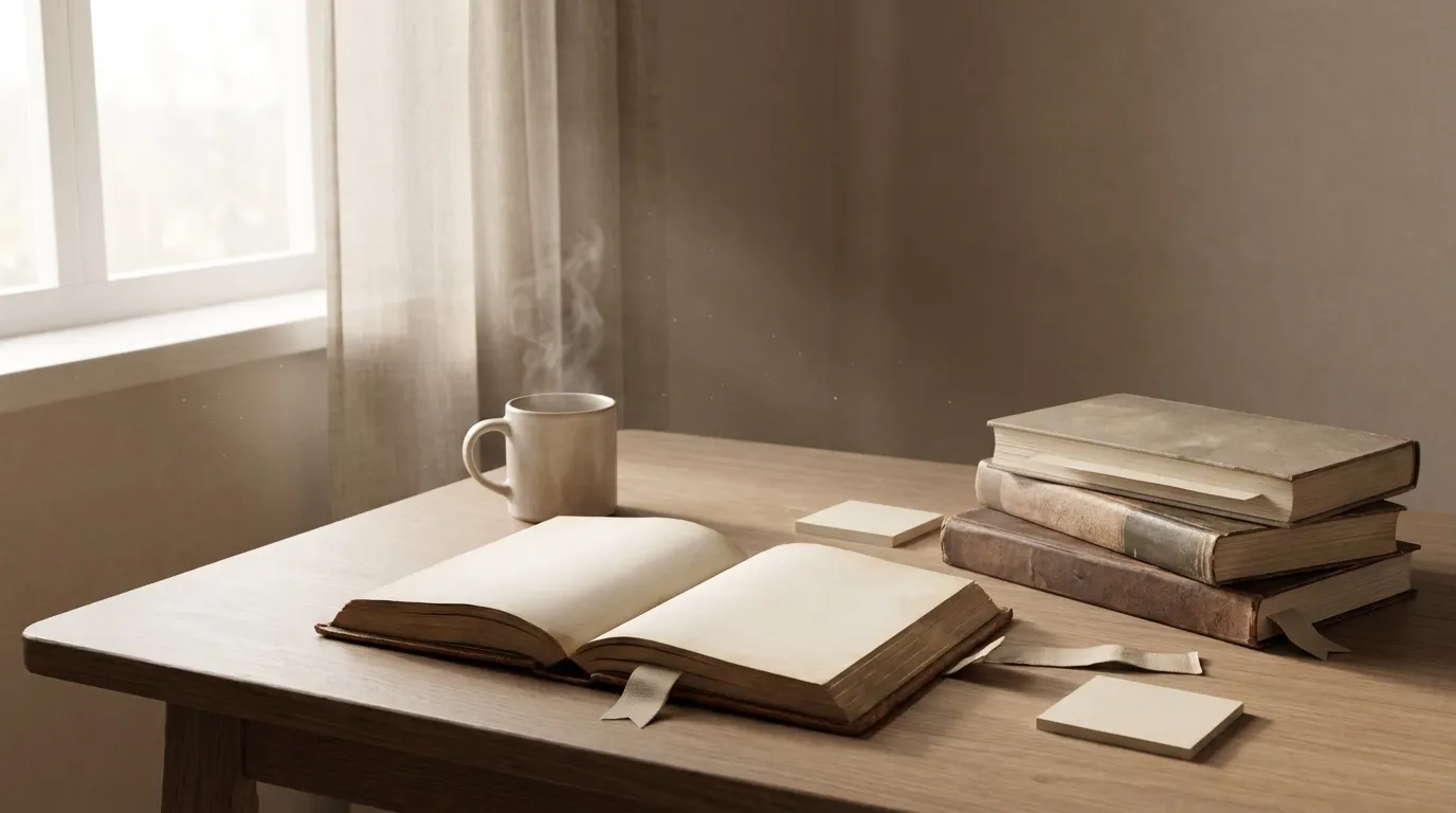 An open Bible on a wooden desk beside a small stack of books, sticky notes, and a warm cup by a window