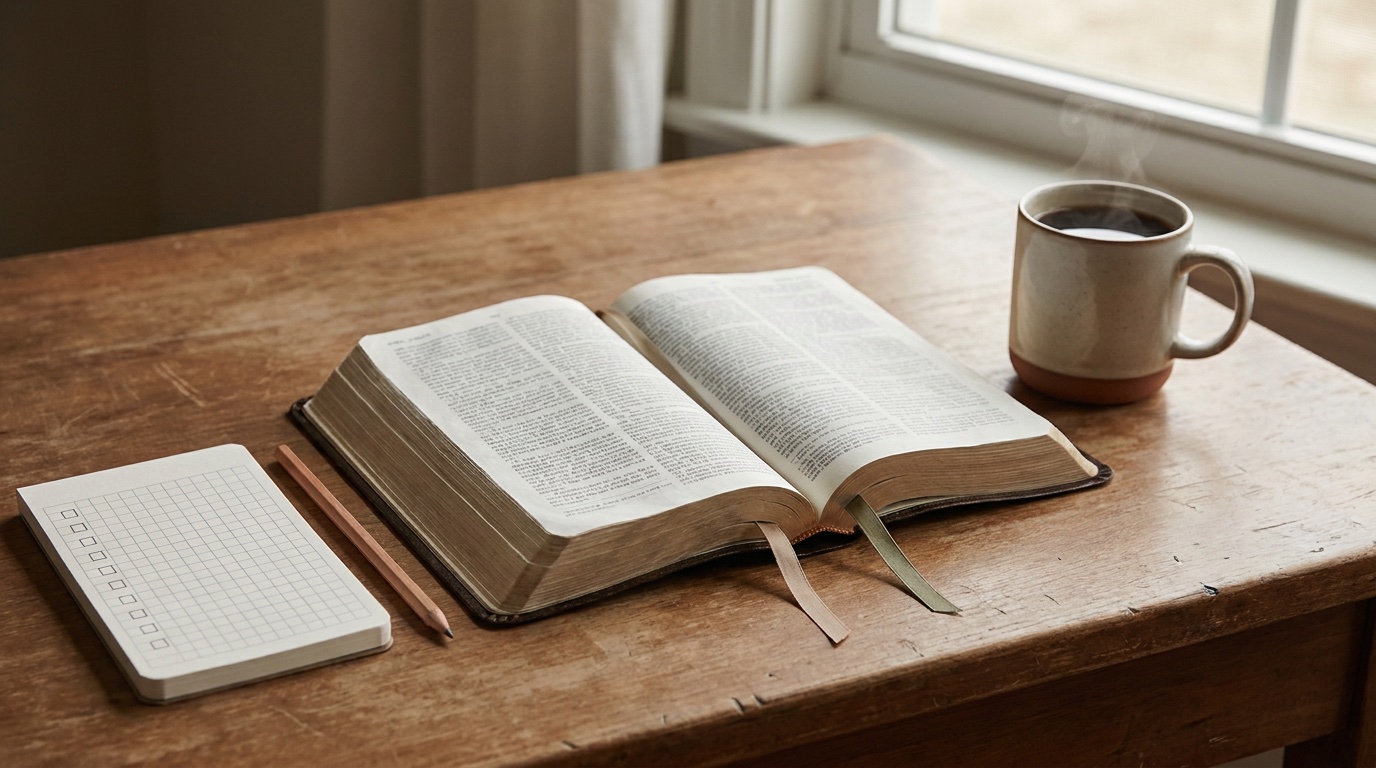 An open Bible beside a notebook habit tracker, pencil, and coffee in soft morning light