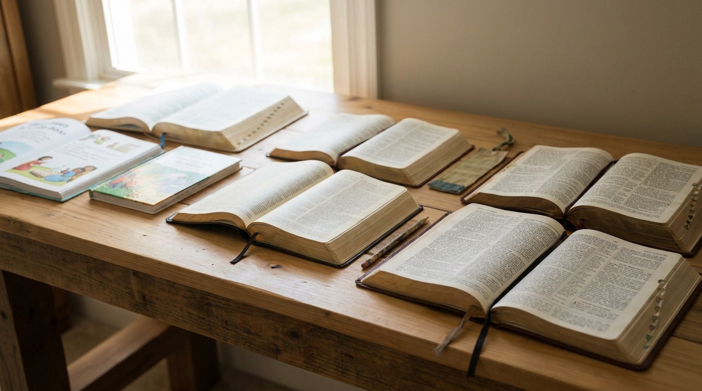 A row of open Bibles in different translations stacked on a desk