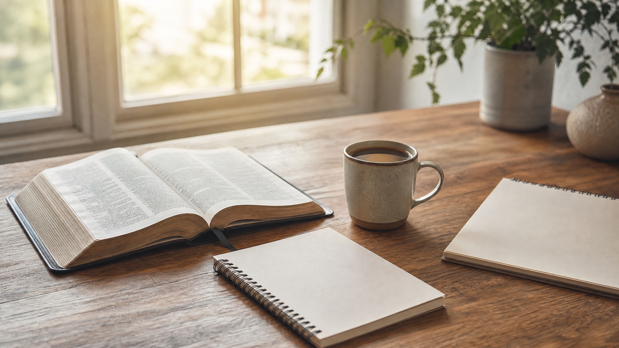 An open Bible beside a blank notebook and coffee in warm morning light