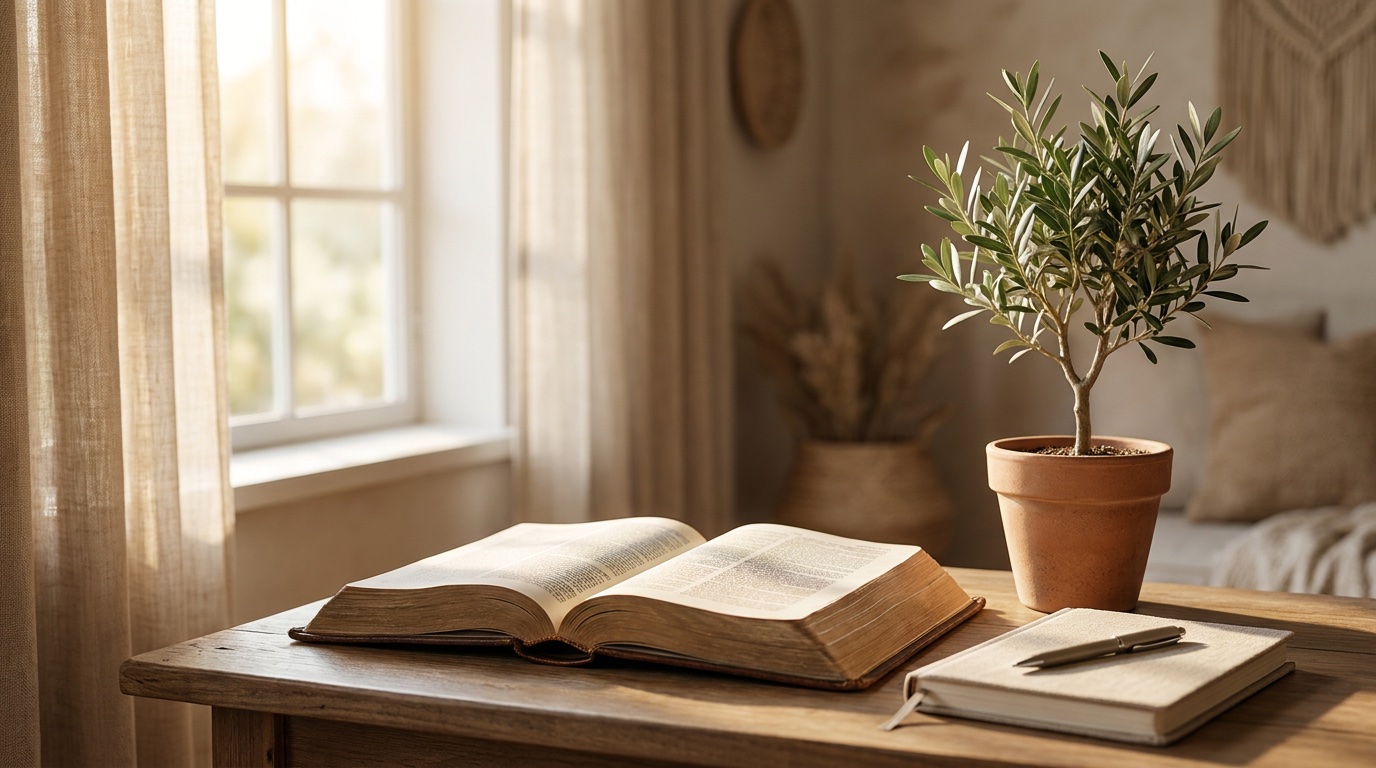 An open Bible beside a small potted plant and notebook near a sunlit window