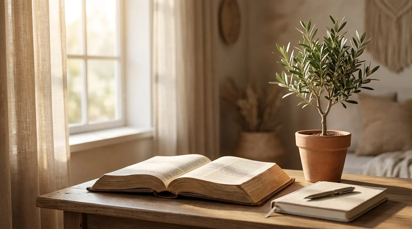 An open Bible beside a small potted plant and notebook near a sunlit window