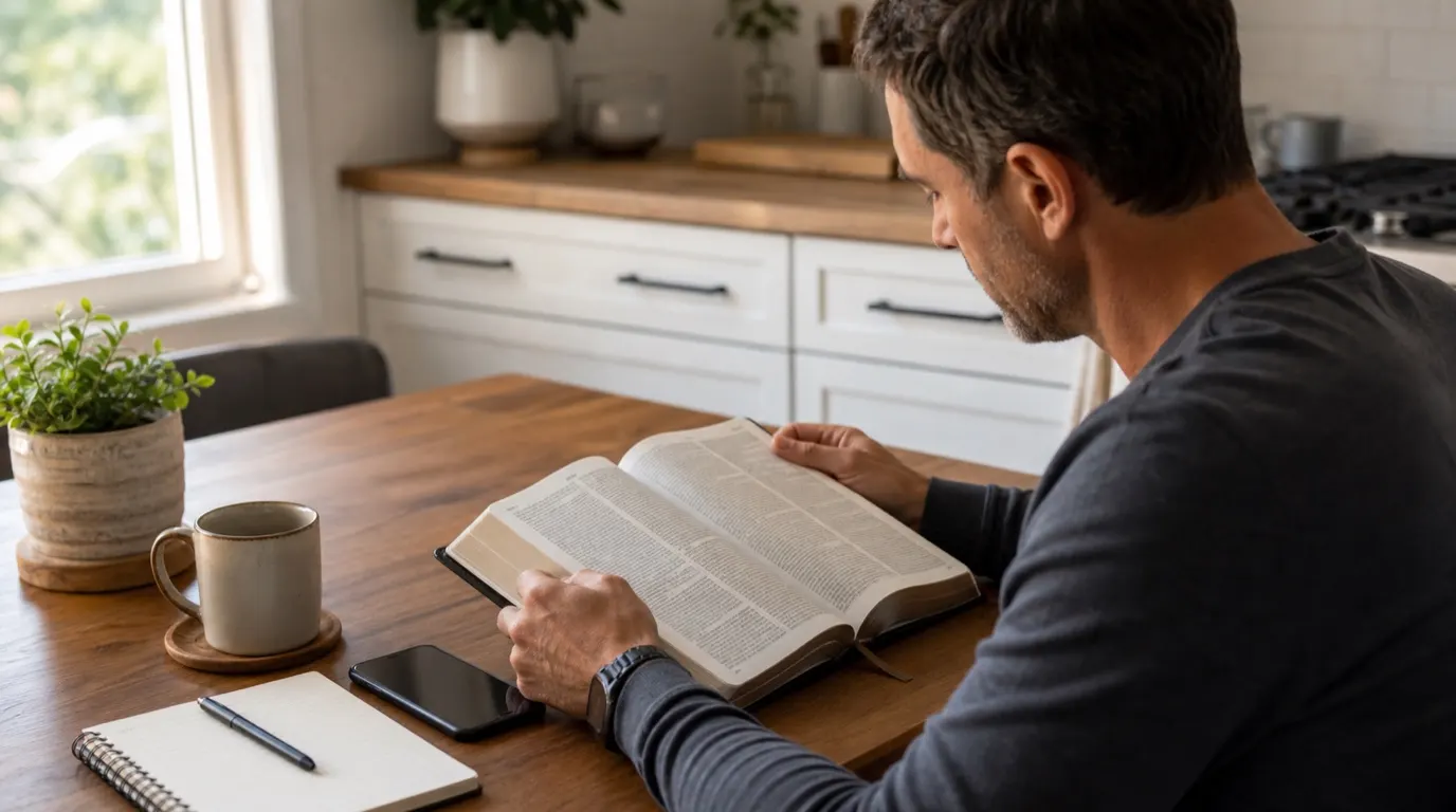 An adult reading an open Bible at a kitchen table with a notebook and phone nearby