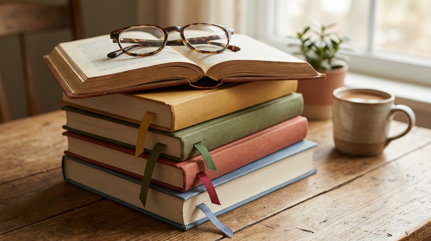 A tidy stack of Bible editions with bookmarks, reading glasses, and warm natural light