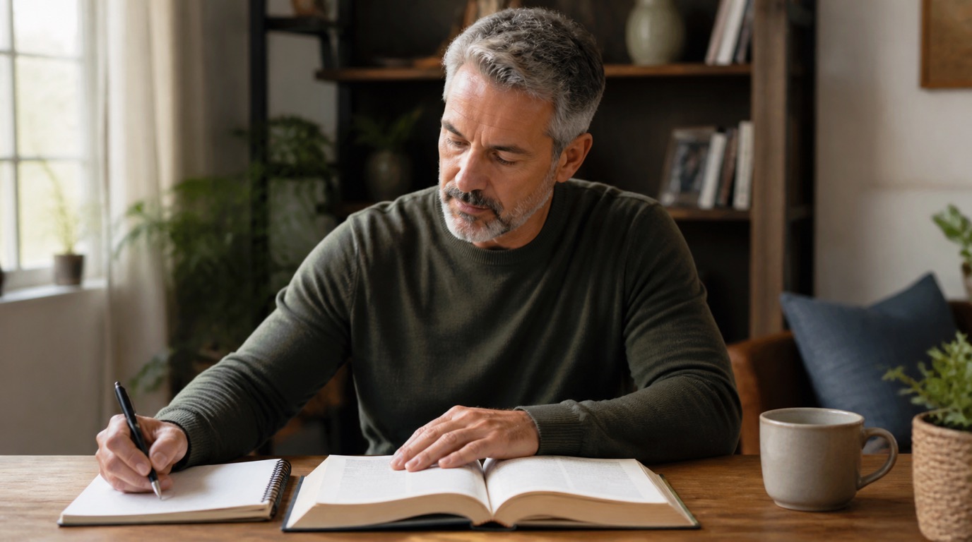 A mature man reading an open Bible and writing in a notebook at a sunlit table