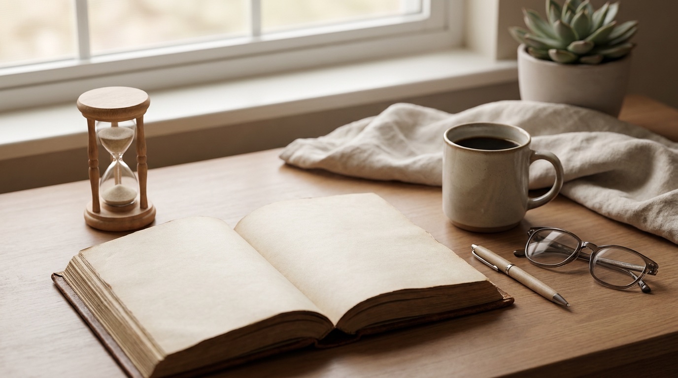 An open Bible beside a timer and a cup of coffee on a quiet desk