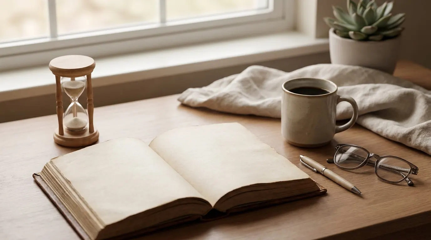 An open Bible beside a timer and a cup of coffee on a quiet desk