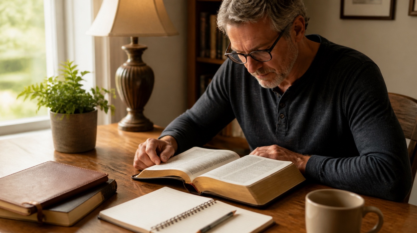 Mature adult reading an open Bible beside a notebook in warm natural light at home