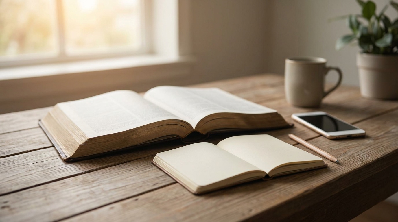An open Bible beside a blank notebook and pencil in warm morning light