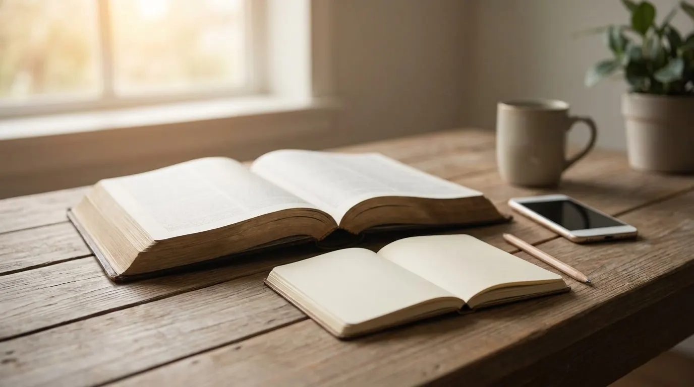 An open Bible beside a blank notebook and pencil in warm morning light