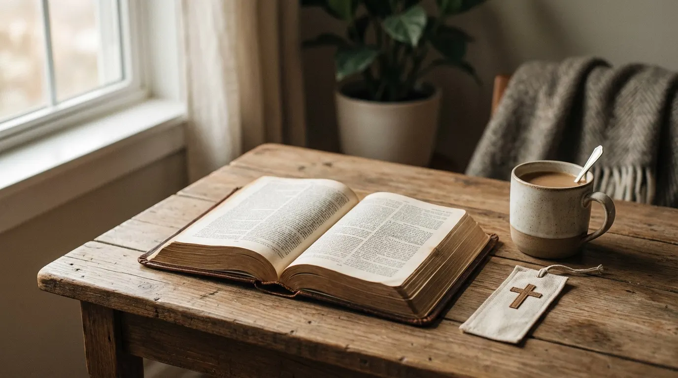 Open Bible on a warm wooden desk with coffee and a cross bookmark, soft natural light from a window