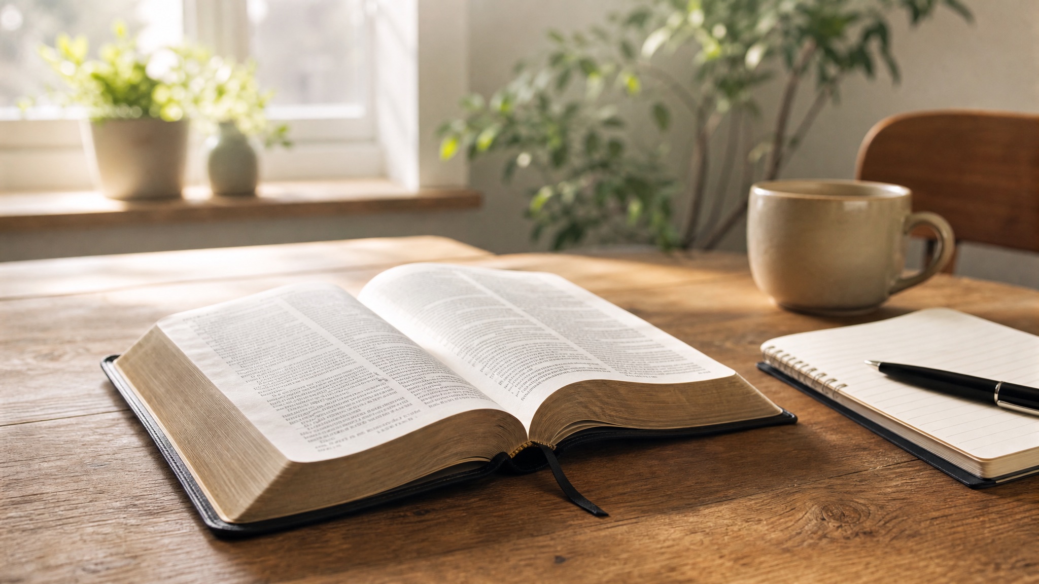 An open Bible on a quiet table beside a notebook and warm morning light