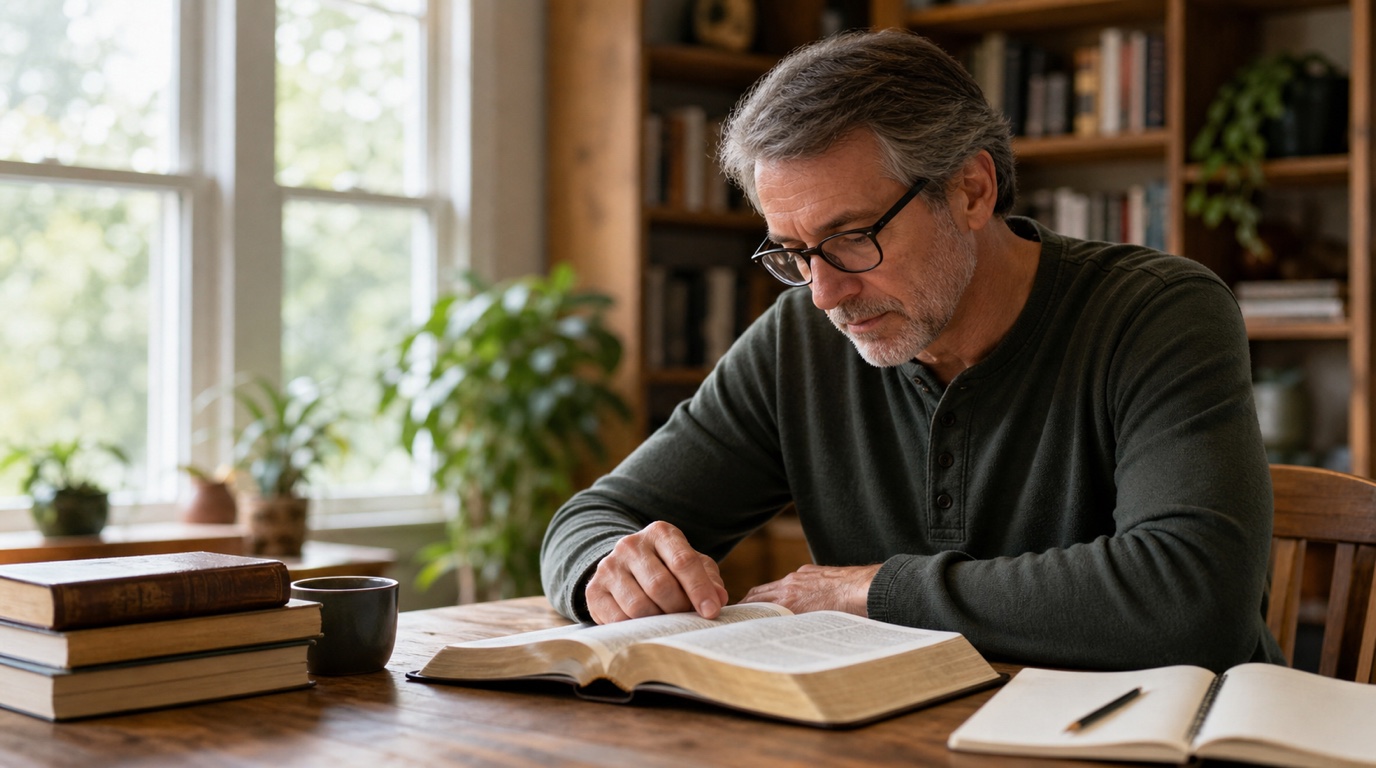 A mature man studying an open Bible with a notebook and reference books at a table in a warmly lit home