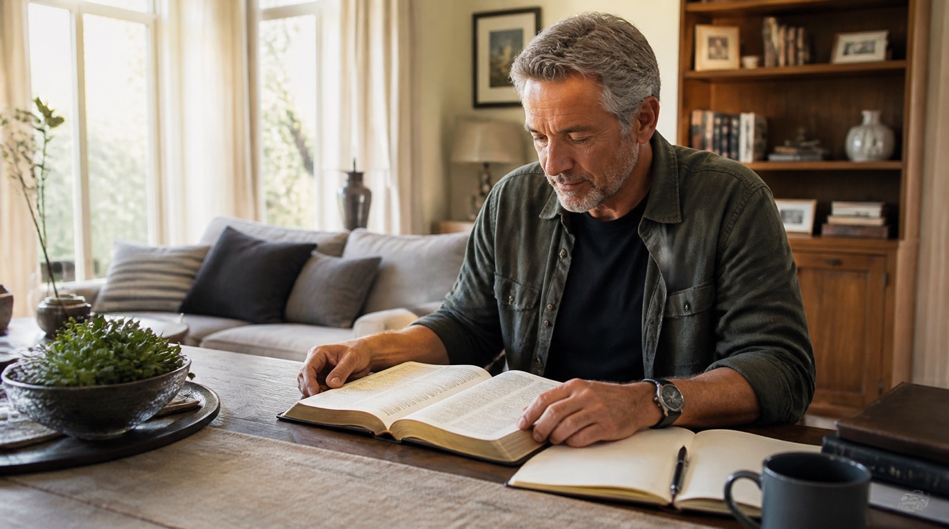 A mature man reading an open Bible beside a notebook in a sunlit home