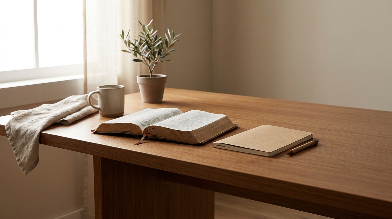 An open Bible beside a notebook, pencil, and mug on a quiet morning table
