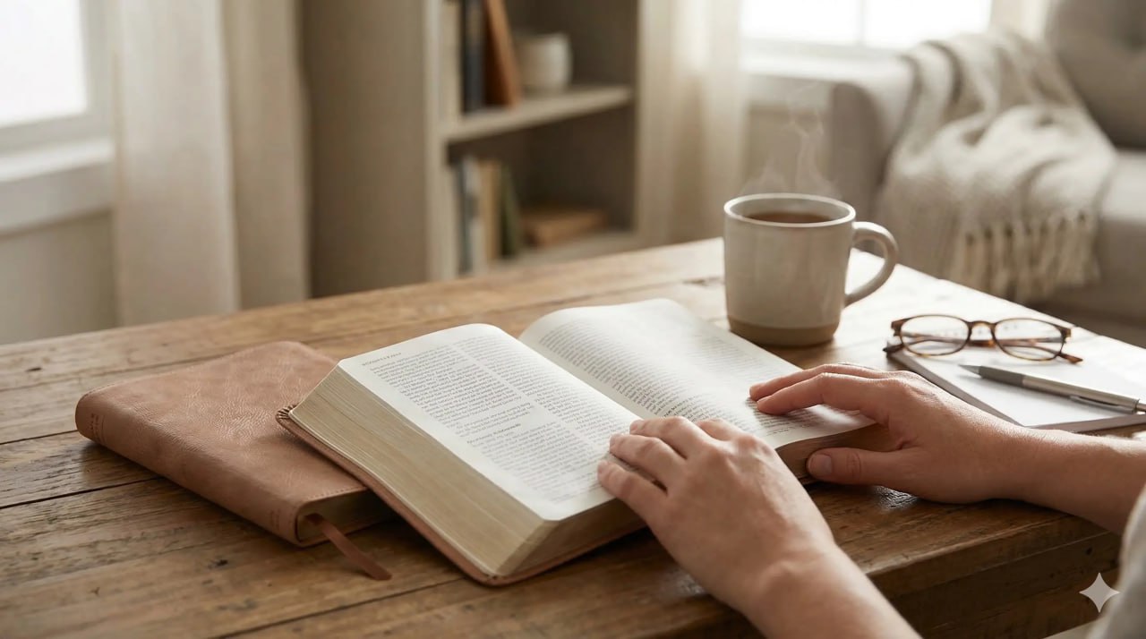 An open Bible on a wooden table with a cup of coffee and reading glasses